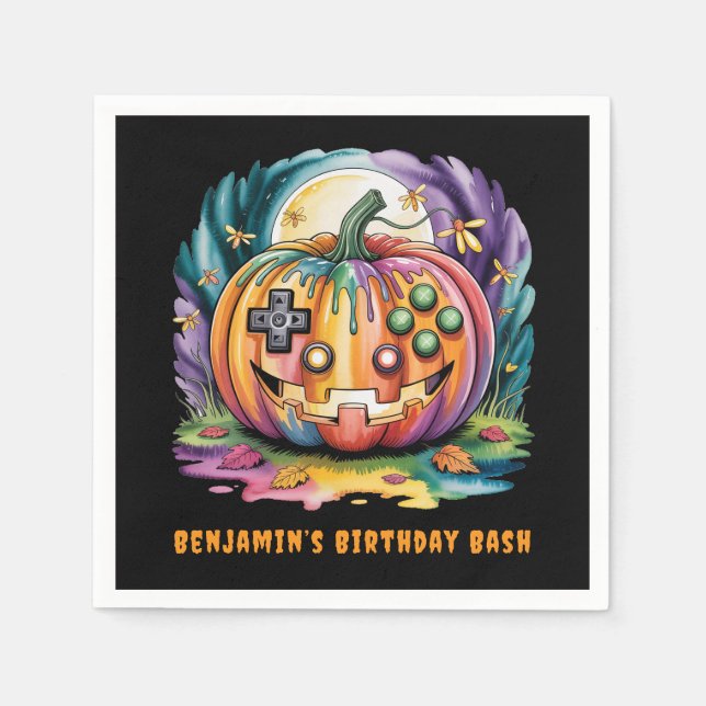 Colourful Gamer Pumpkin Halloween Bash Napkin (Front)