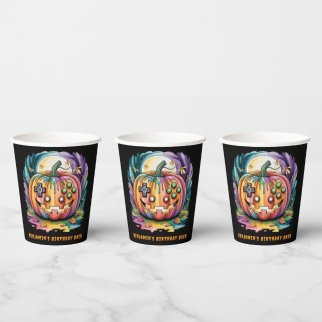 Colourful Gamer Pumpkin Halloween Bash Paper Cups (Multi)