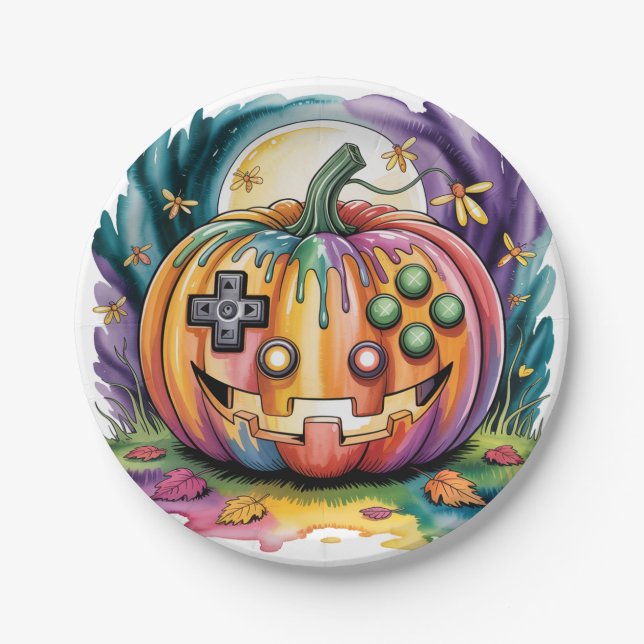 Colourful Gamer Pumpkin Halloween Bash Paper Plate (Front)