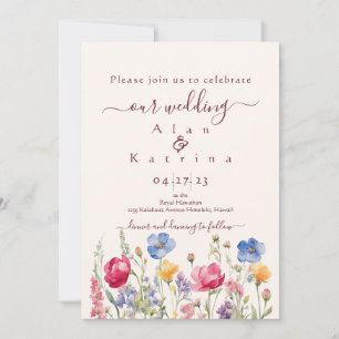 Colourful Garden Boho Wildflower On Pearl Invitation