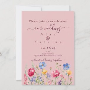Colourful Garden Boho Wildflower On Pink Invitation