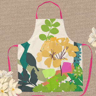 Colourful Garden Flowers and Bird Silhouette  Apron