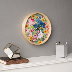 Colourful Garden Flowers - Boho Floral Pillow Clock