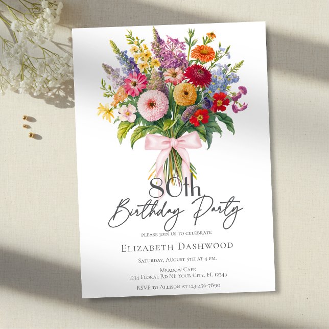 Colourful Garden Flowers Bouquet Pink Bow Birthday Invitation (Creator Uploaded)