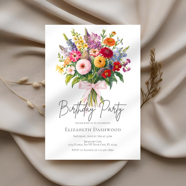 Colourful Garden Flowers Bouquet Pink Bow Birthday Invitation (Creator Uploaded)