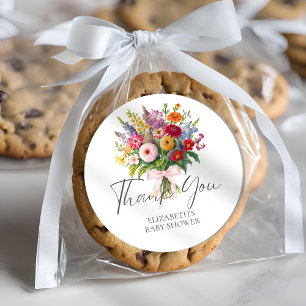 Colourful Garden Flowers Bouquet Pink Bow Thank Yo Classic Round Sticker