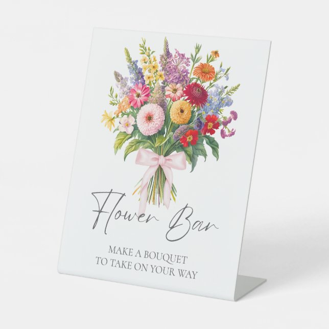 Colourful Garden Flowers Pink Bow Make Bouquet Bar Pedestal Sign (Front)