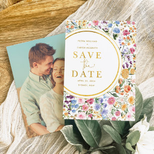 Colourful Garden Flowers Wedding Save the Date Announcement