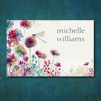 Colourful Garden Flowers Wildflowers and Dragonfly Business Card