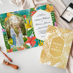 Colourful Garden Gold Foil Tropical Wedding Invite