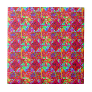Colourful Garden Quilt Painting with Red Hydrangea Ceramic Tile