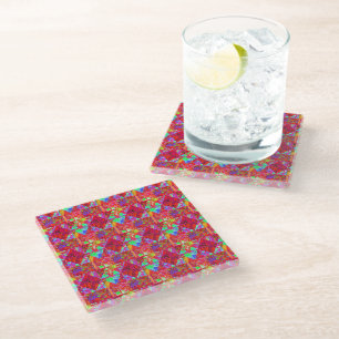 Colourful Garden Quilt Painting with Red Hydrangea Glass Coaster