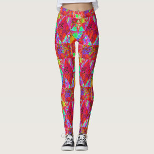 Colourful Garden Quilt Painting with Red Hydrangea Leggings