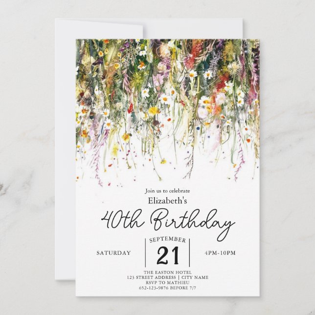 Colourful Garden Wildflowers 40th birthday Invitation (Front)