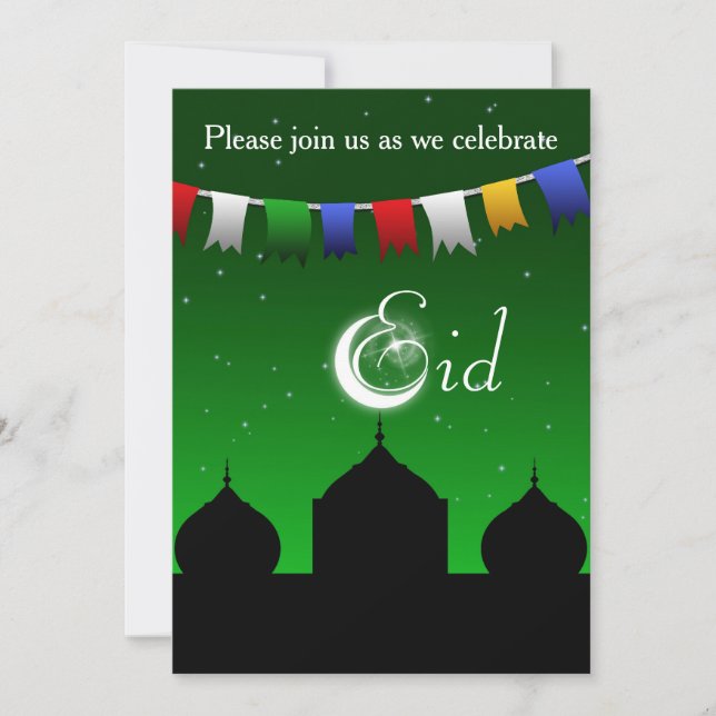 Colourful Garland with Mosque Eid Party Invitation (Front)