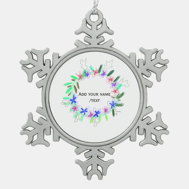colourful garland wreath Christmas waadd name text Snowflake Pewter Christmas Ornament (Front)