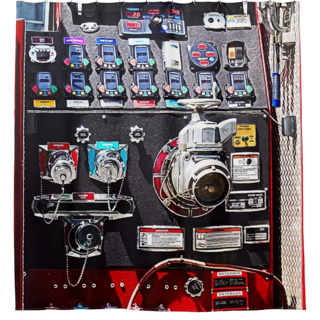 Colourful Gauges on Fire Engine Shower Curtain (Front)