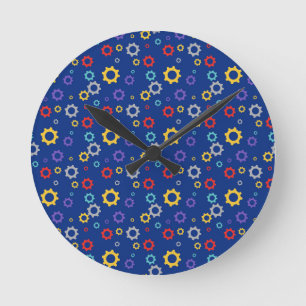 Colourful Gears Blue Mechanical Engineer Mechanics Round Clock