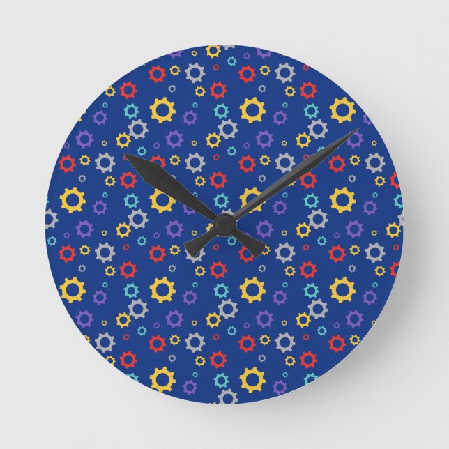 Colourful Gears Blue Mechanical Engineer Mechanics Round Clock (Front)