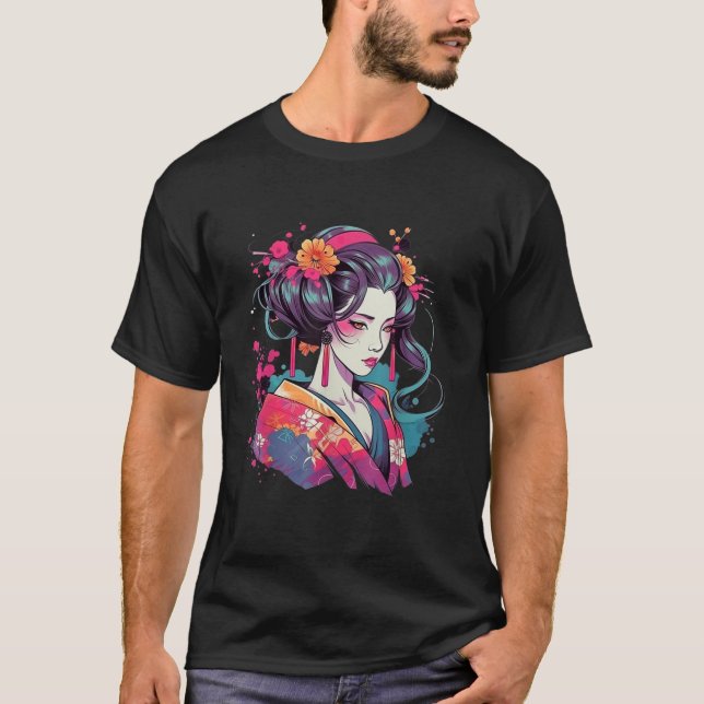 Colourful Geisha with Kimono Art  T-Shirt (Front)