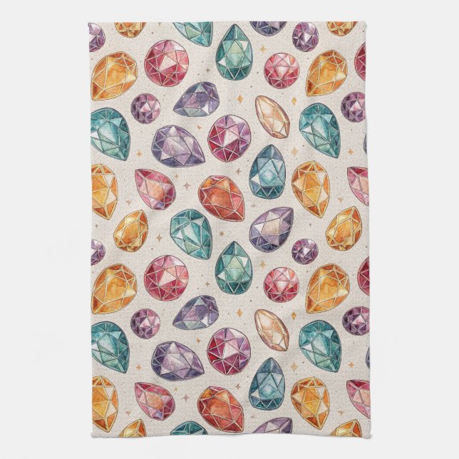 Colourful Gemstone Pattern (1) Tea Towel (Vertical)