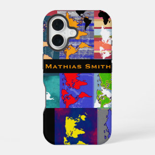 colourful geographic mixed world-maps iPhone 16 case