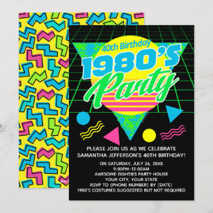 Colourful Geometric 1980s 80s 40th Birthday Party Invitation