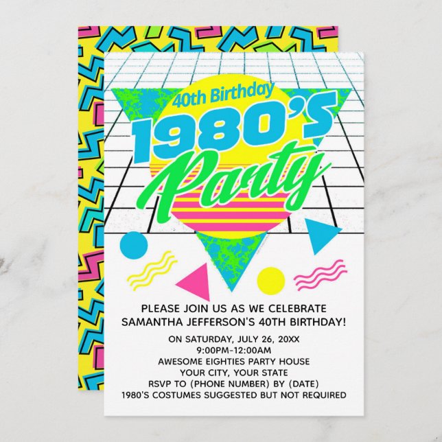 Colourful Geometric 1980s 80s 40th Birthday Party Invitation (Front/Back)