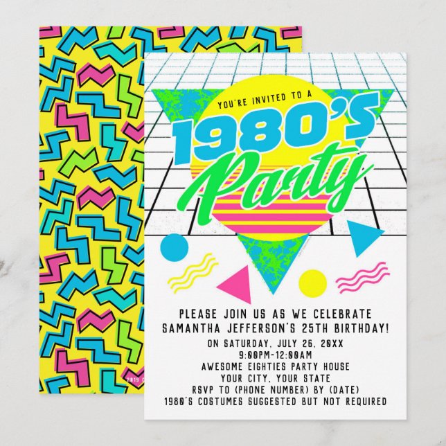 Colourful Geometric 1980s Retro 80s Birthday Party Invitation (Front/Back)