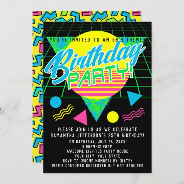 Colourful Geometric 80s 1980s Retro Birthday Party Invitation (Front/Back)