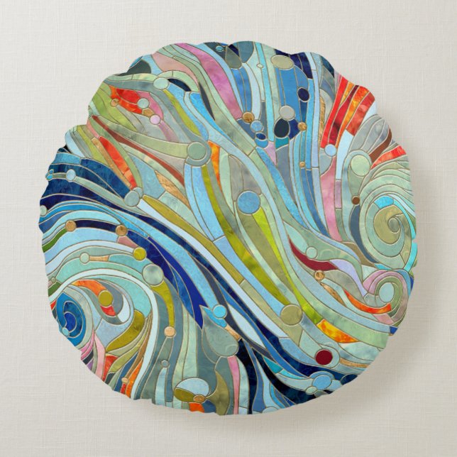 Colourful Geometric Abstract Mosaic Art Round Cushion (Front)