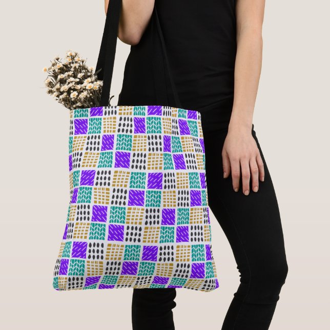 Colourful Geometric Abstract Squares Pattern Tote Bag (Close Up)