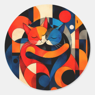 Colourful Geometric Cat Couple Embracing Classic Round Sticker