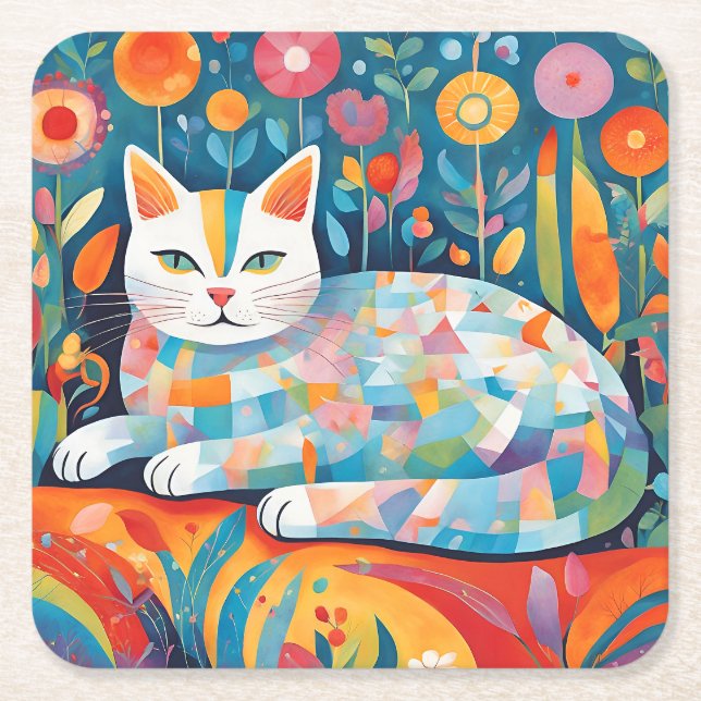 Colourful Geometric Cat Design, Abstract Feline Square Paper Coaster (Front)