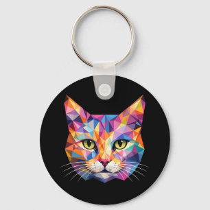 Colourful Geometric Cat Face Low Poly Triangle Art Key Ring