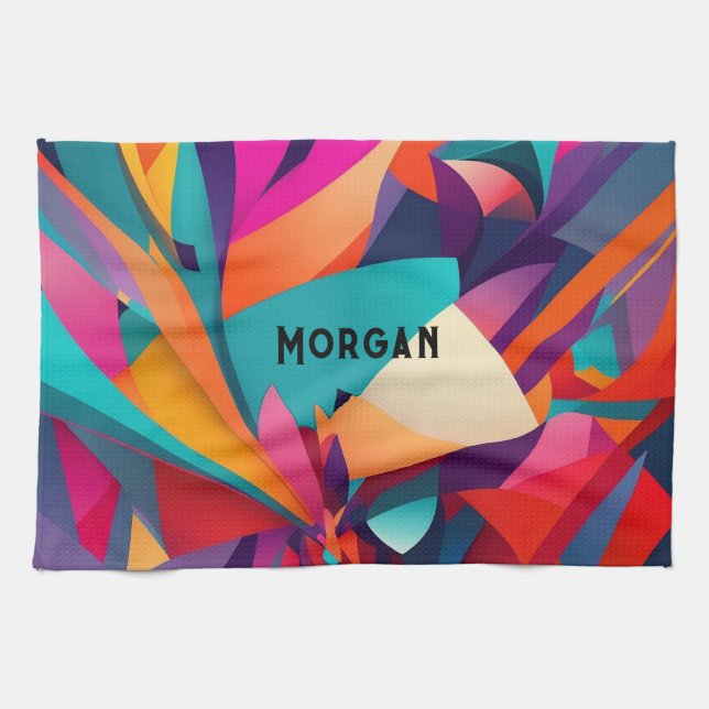 Colourful Geometric Design, Name or Monogram Tea Towel (Horizontal)