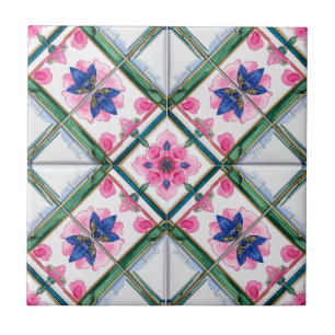 Colourful Geometric Flower in Blue Pink and Ochre Ceramic Tile