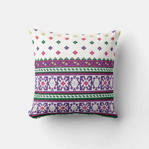 Colourful Geometric Folk Art design with flowers Cushion