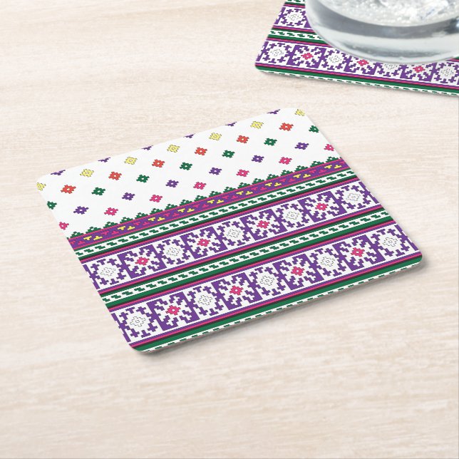 Colourful Geometric Folk Art design with flowers Square Paper Coaster (Angled)