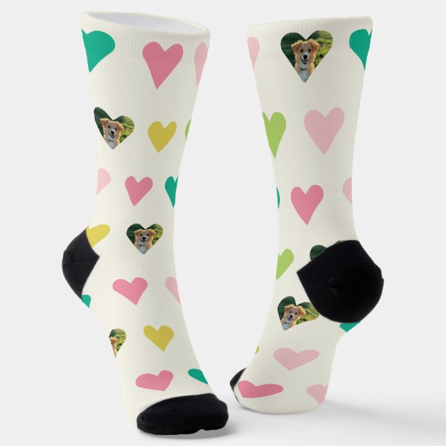 Colourful Geometric Heart Pattern Custom Pet Photo Socks (Angled)