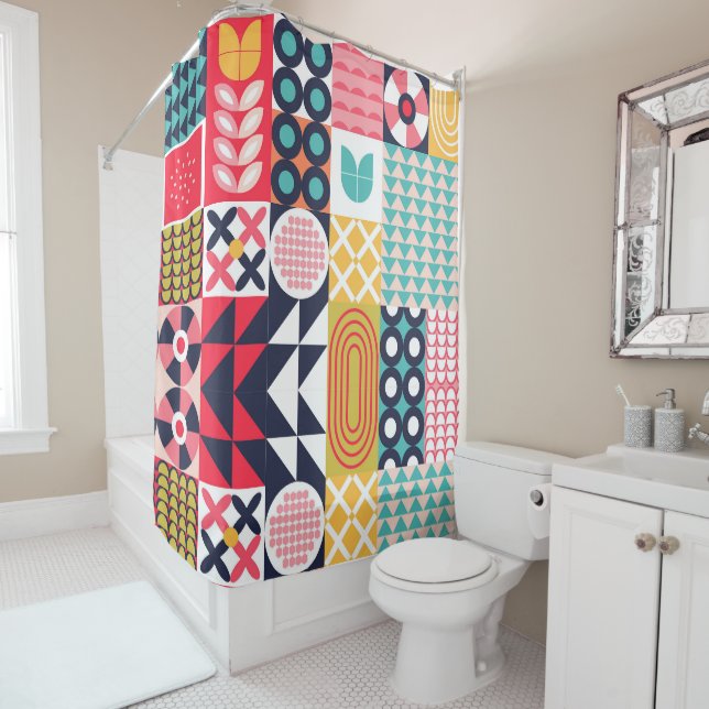 Colourful Geometric Mid Century Funky  Shower Curtain (In Situ)