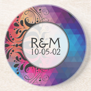 Colourful Geometric Ombre & Black Lace Wedding Gif Coaster