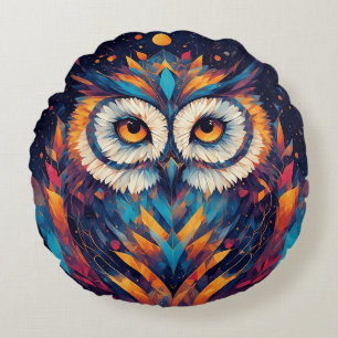 Colourful Geometric Owl Face Round Cushion