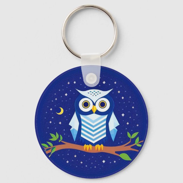 Colourful Geometric Owl Perched on Branch Key Ring (Front)