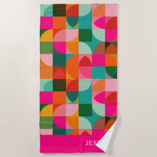 Colourful Geometric Pattern Retro Mid Century Name Beach Towel