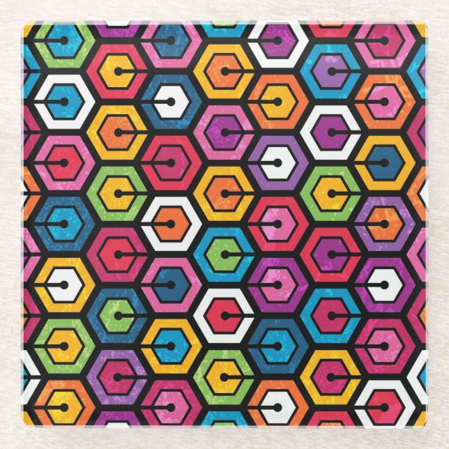 Colourful geometric pattern with hexagons glass coaster (Front)