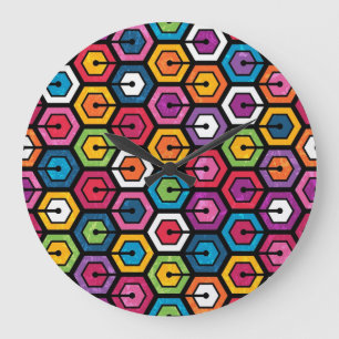 Colourful geometric pattern with hexagons large clock