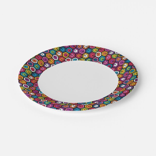 Colourful geometric pattern with hexagons paper plate (Angled)