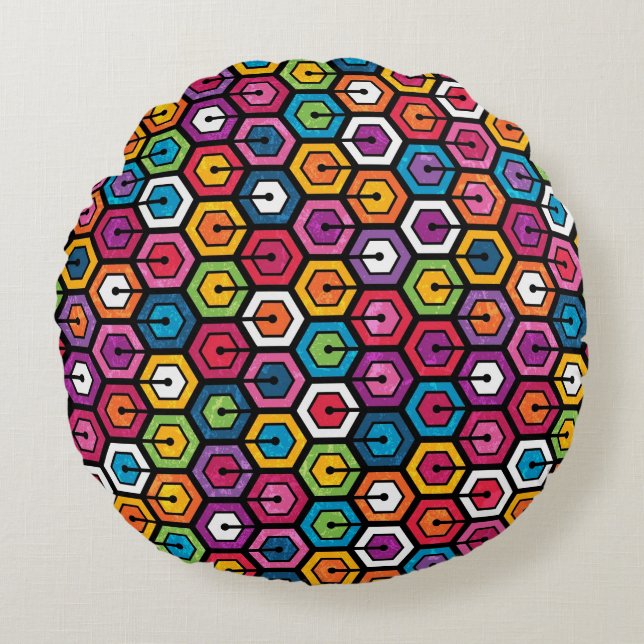 Colourful geometric pattern with hexagons round cushion (Front)