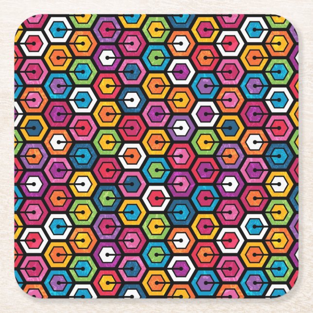Colourful geometric pattern with hexagons square paper coaster (Front)